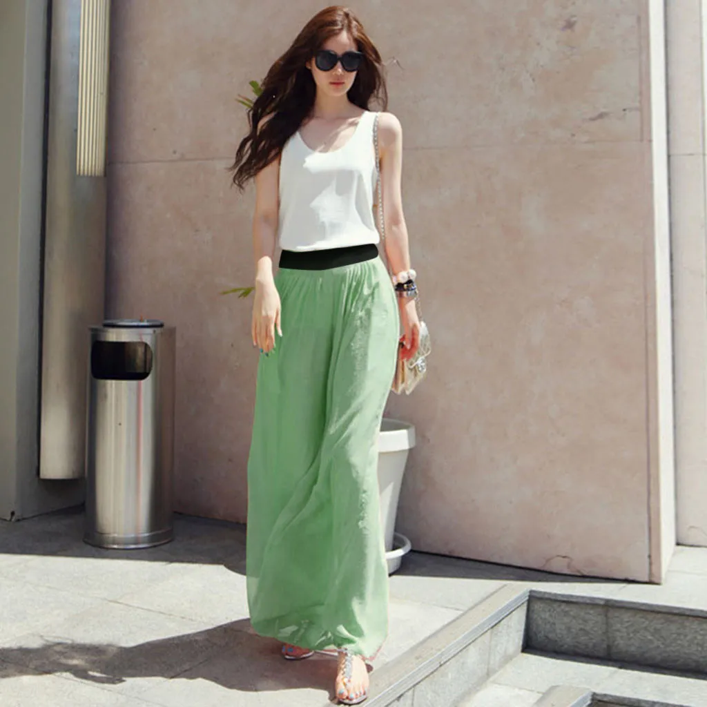 Stretch High Waist Maxi Skirt Chiffon Skirts For Women Plain Pleated Long Womens May | Женская одежда