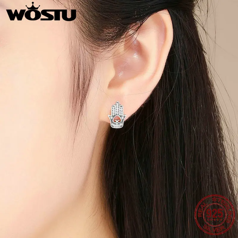 WOSTU 100% стерлингового серебра 925 Фатима Хамса рука сердце серьги гвоздики для