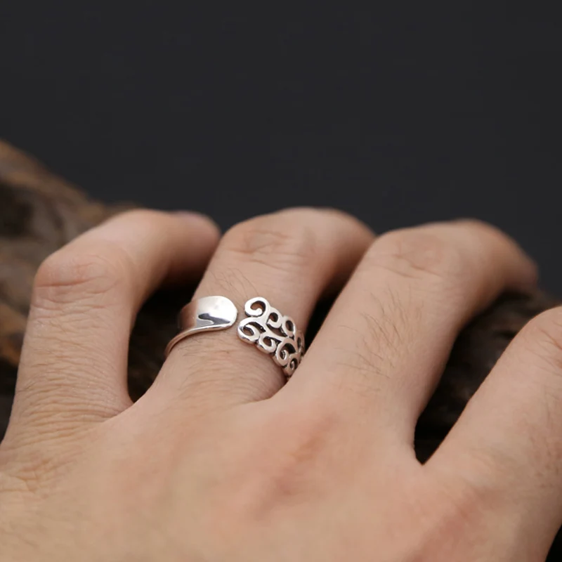 Настоящее 925 пробы серебро полые резные цветы регулируемое кольцо ювелирные