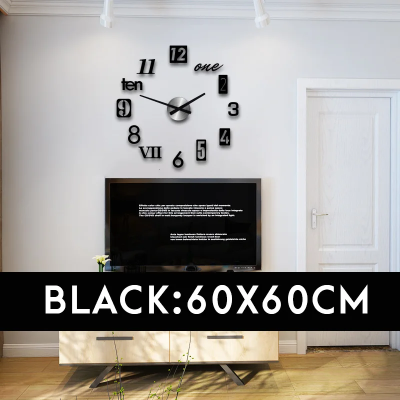 Black60x60cm 3D европейский стиль DIY большие настенные часы современный дизайн художественная наклейка самоклеящиеся зеркальные наклейки часы домашний Декор Гостиная - Цвет: Black60x60cm