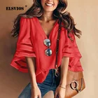 Женская шифоновая блузка ELSVIOS, летняя кружевная блузка с V-образным вырезом и расклешенными рукавами, размеры 2XL