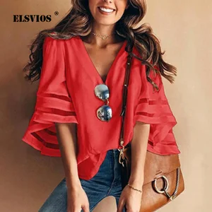 Женская шифоновая блузка ELSVIOS, летняя кружевная блузка с V-образным вырезом и расклешенными рукавами, размеры 2XL