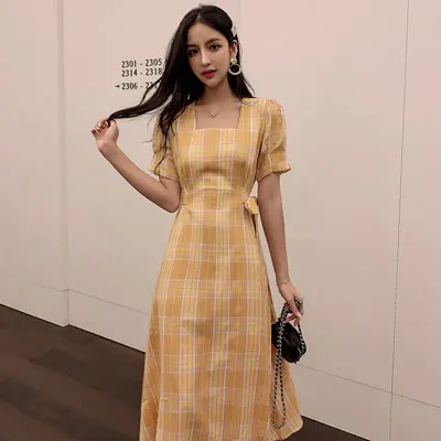 New French retro square collar plaid short sleeved ribbon dress summer waist woman A word big dress dress belt various methods - Цвет: yellow