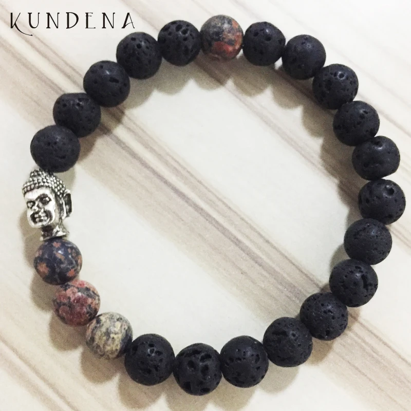 

Best Gift For Him Personal Buddha 8MM Lava Stone Leopard Skin J-asper Bracelet For Men