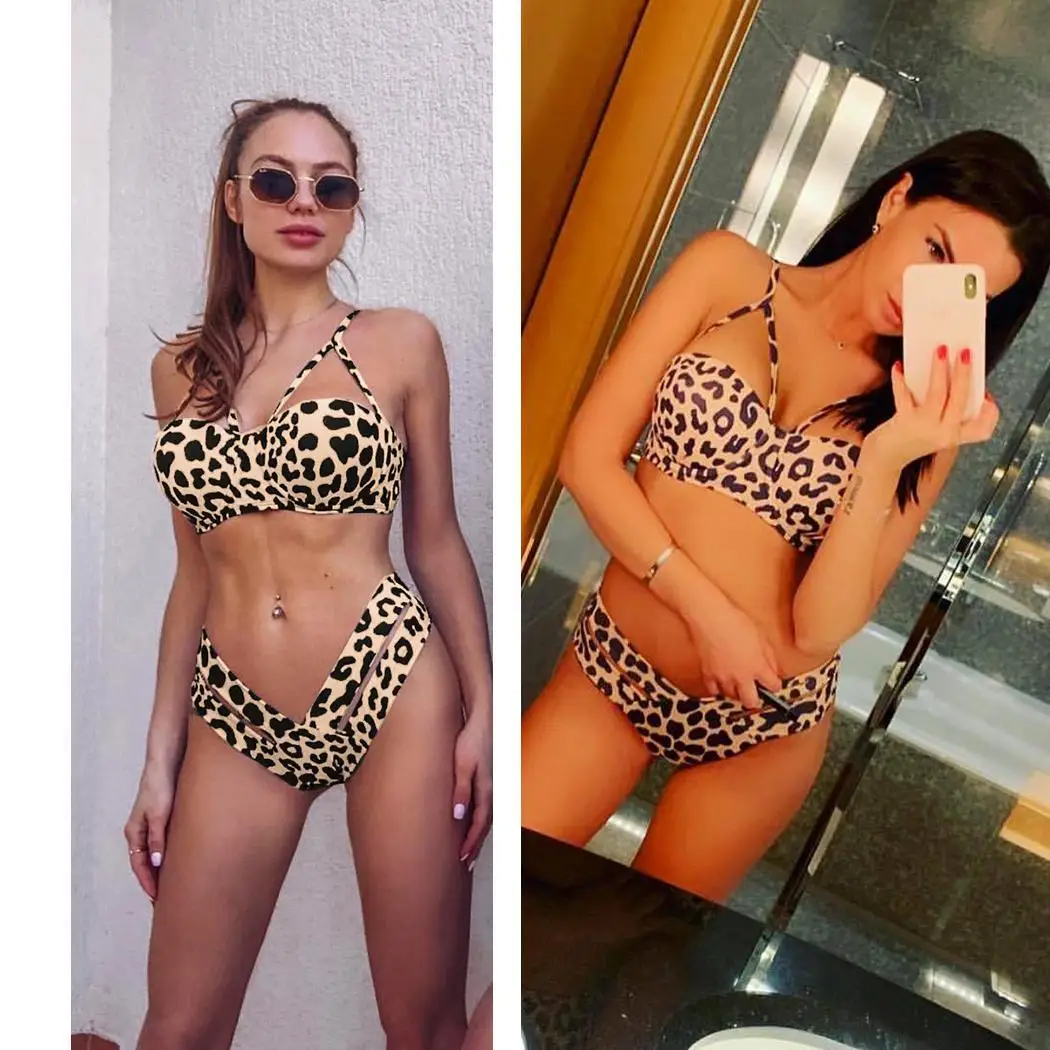 Женский летний комплект бикини с леопардовым узором однотонный пуш-ап