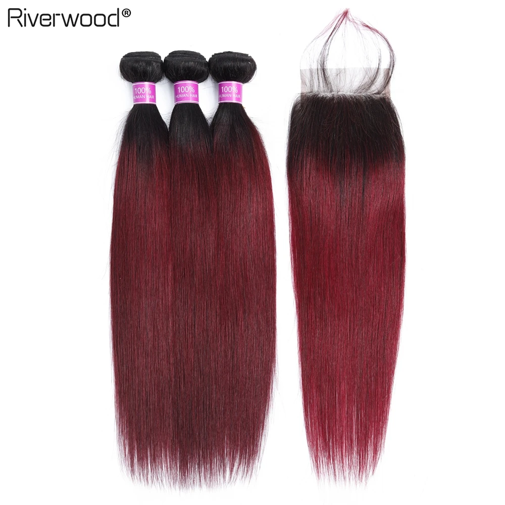 Речное дерево бразильские прямые волосы пряди с закрытием T1B/99j Омбре 100 Remy