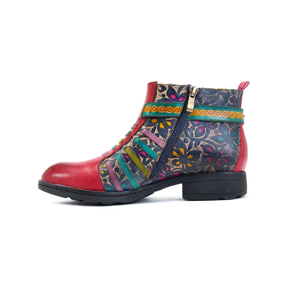 D Knight New Genuine Leather Ankle Chelsea Boots Women Shoes Vintage Bohemian Autumn Zip Printed Stripe Shoes Woman Botas Mujer