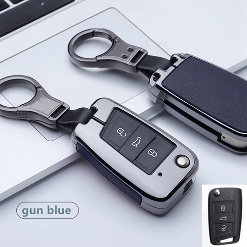A key gun blue Автомобильный кожаный чехол для ключей, держатель для VW Golf 7 Polo Bora MK7 MK6 Passat для Skoda Octavia A7 Kodiaq Seat Leon Ibiza, откидной ключ - Название цвета: A key gun blue