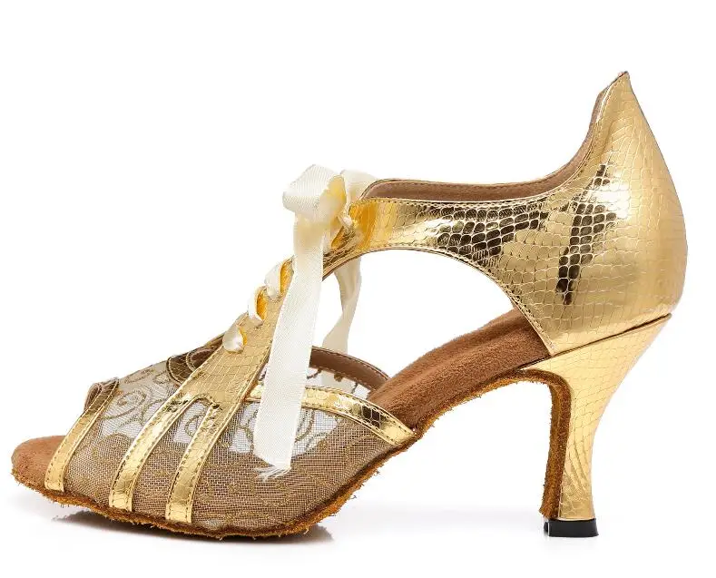 gold heel 6cm Женские черно-белые кружевные бальные туфли для латинских танцев; женская танцевальная обувь Kizomba Tango на квадратном каблуке средней высоты; JuseDanc - Цвет: gold heel 6cm