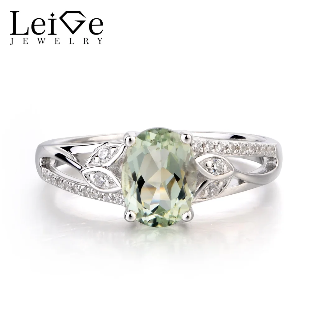 

Leige Jewelry Natural Green Amethyst Ring Proposal Ring Oval Cut Green Gemstone 925 Sterling Silver Romantic Gifts for Women