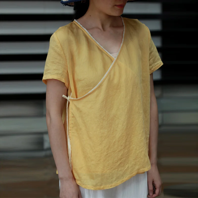 Женские рубашки с поясом Johnature льняные блузки v-образным вырезом и коротким