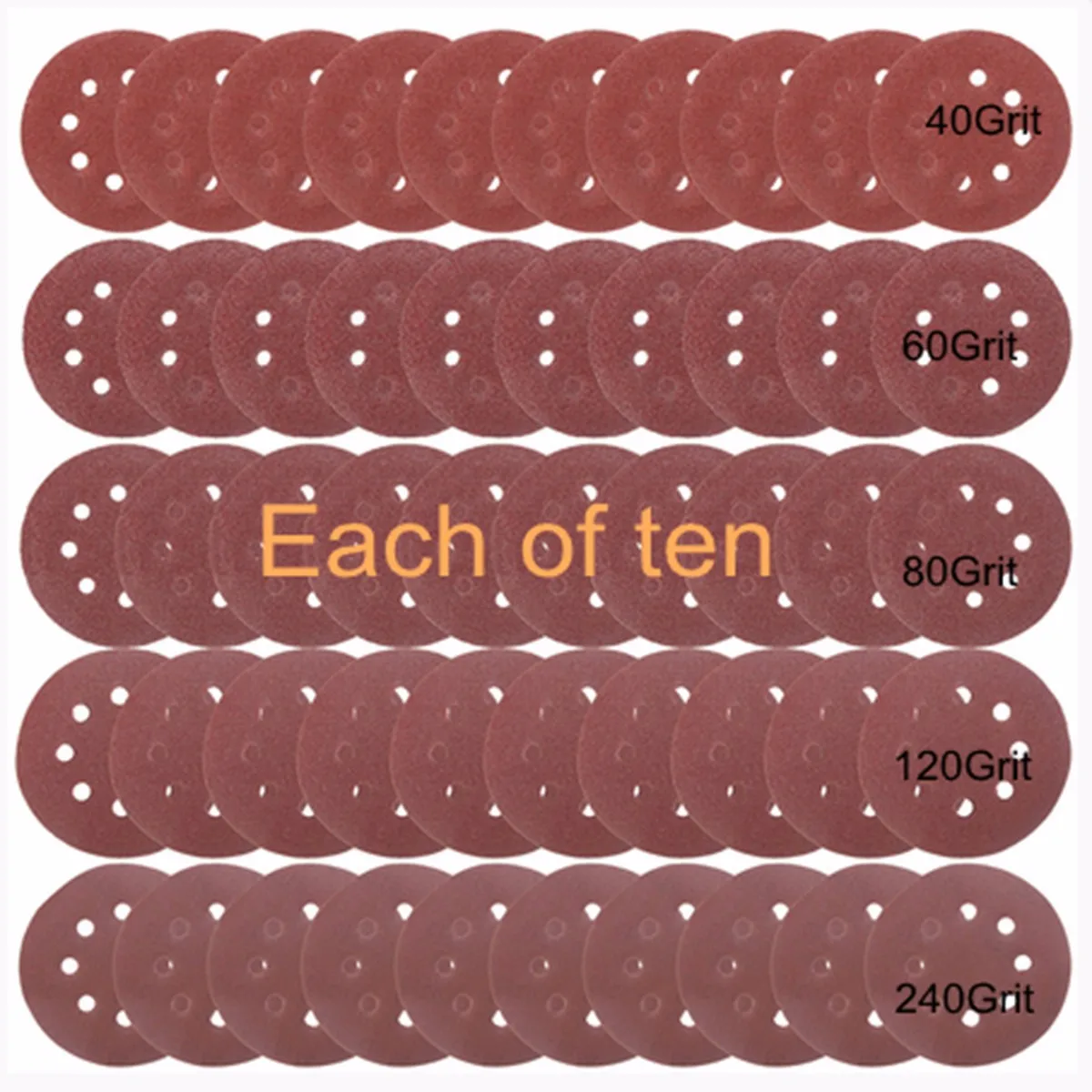 50pcs/Set 125mm Sanding Disc Round Shape 8 Hole Mixed 40 60 80 120 240 Grit Orbital Paper Punch Sheet Sandpaper Polisher Sanders |