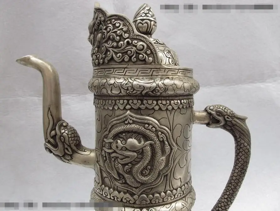 Tibet White Copper Bronze Silver Eight treasures Dragon Lion Flagon wine pot | Дом и сад