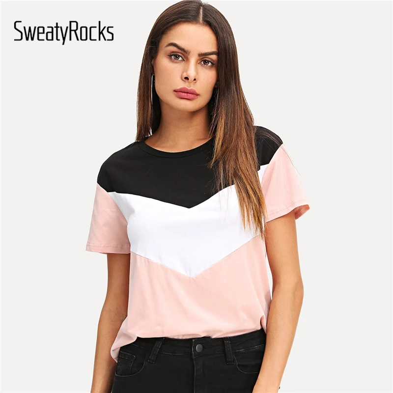 SweatyRocks, цветная футболка с коротким рукавом, уличная одежда с круглым вырезом, модные футболки, летние повседневные женские тянущиеся пуловеры, топы