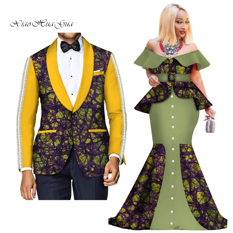 Fashion Custom African Couple Wedding Clothing Dashiki Women Skirt& Men Blazer for Lovers African Traditional Clothing WYQ276