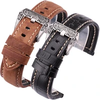 22mm 24mm genuine leather watchbands men black brown orange wrist watch band strap belt retro brushed buckle for panerai