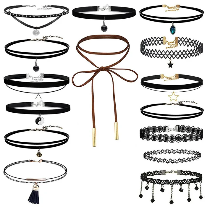 15 pcs as picture 4-15 шт./компл.; готическая обувь в стиле «панк»; вельветовое тату, платье с кружевом и сеткой Цепочки и ожерелья длинный кулон ювелирные изделия женский, Черный колье воротник Цепочки и ожерелья s - Окраска металла: 15 pcs as picture