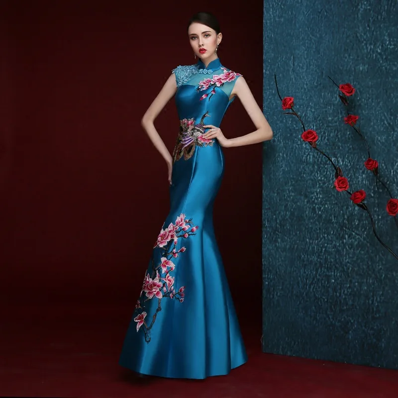 Чонсам китайский стиль длинные qipao красный Русалка Свадебные Кружева