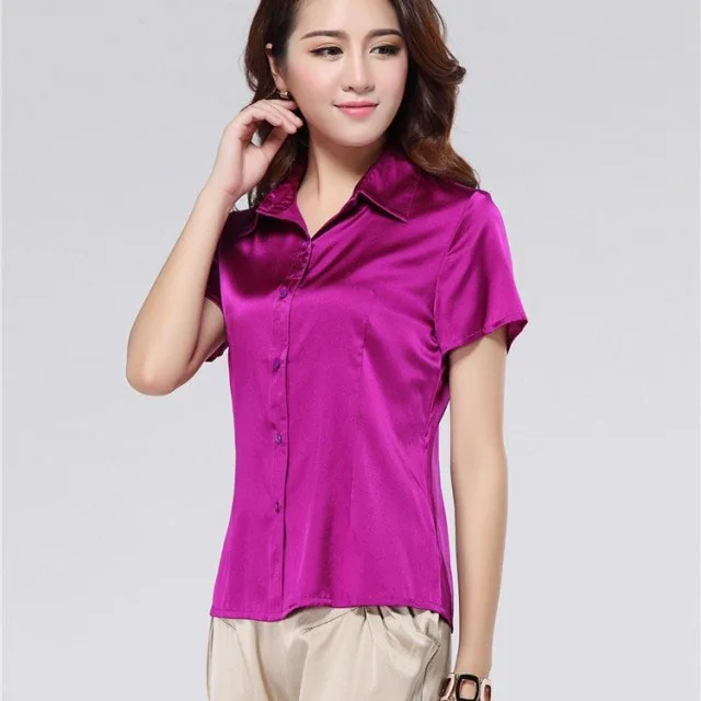 Основной плотный стрейч шелк атласная рубашка с короткими рукавами летняя новая