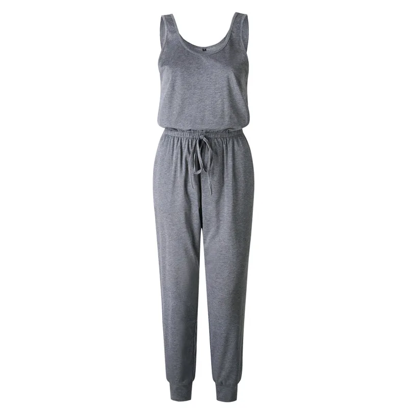 New Arrival Sexy Off Shoulder Sleeveless Lace Up Belts Jumpsuits Summer Women Solid Casual Pockets Long Rompers Women Jumpsuits