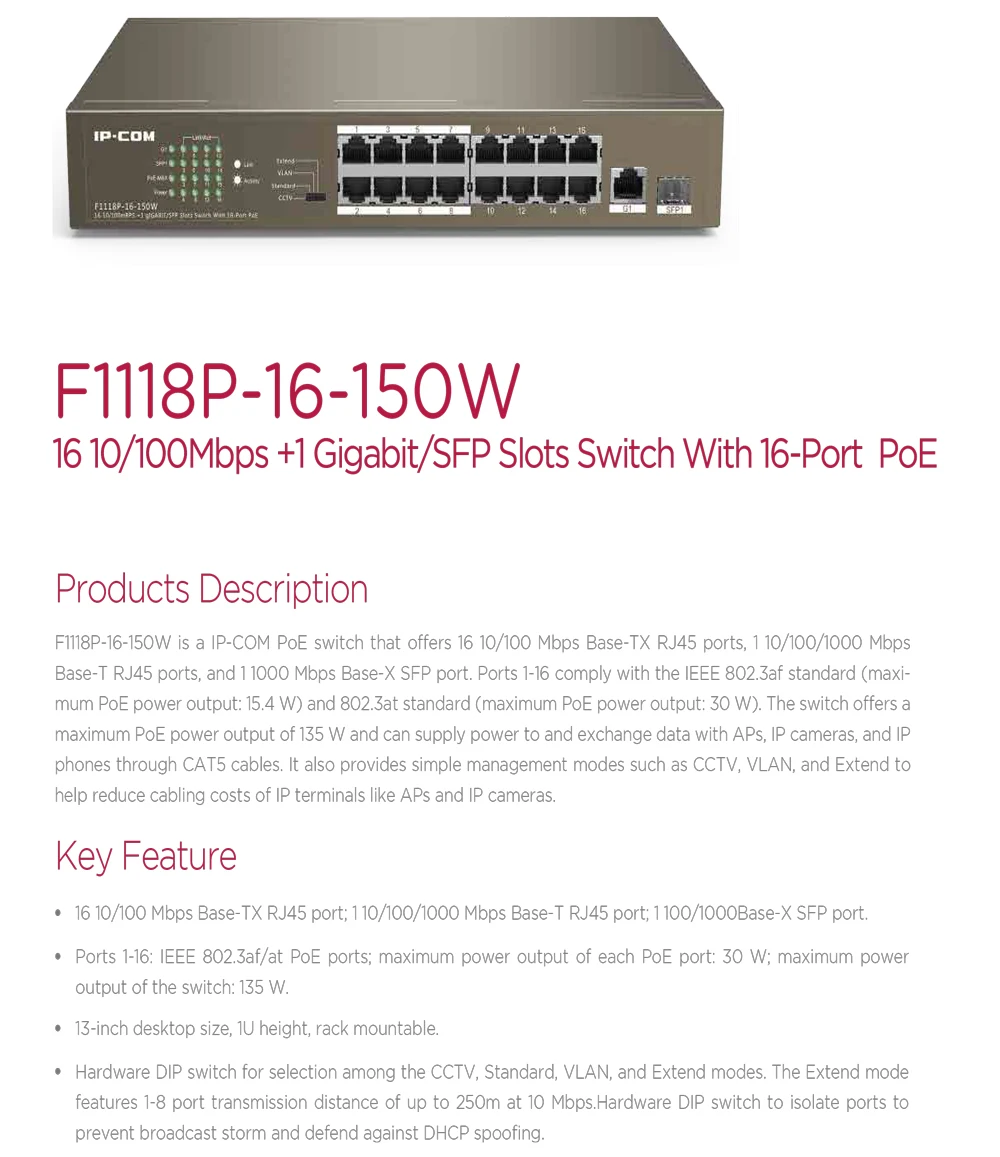 F1118P-16-150W 16 10/100 Мбит/с RJ45 Ethernet сетевой коммутатор 16 Порты, 135W блок питания PoE