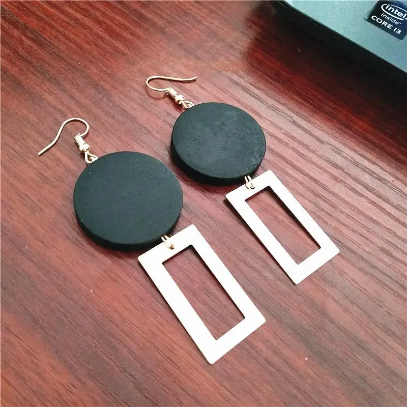 Black Корейские круглые деревянные серьги длинные массивные геометрические прямоугольные Висячие серьги для женщин модные ювелирные изделия Oorbellen - Окраска металла: Black