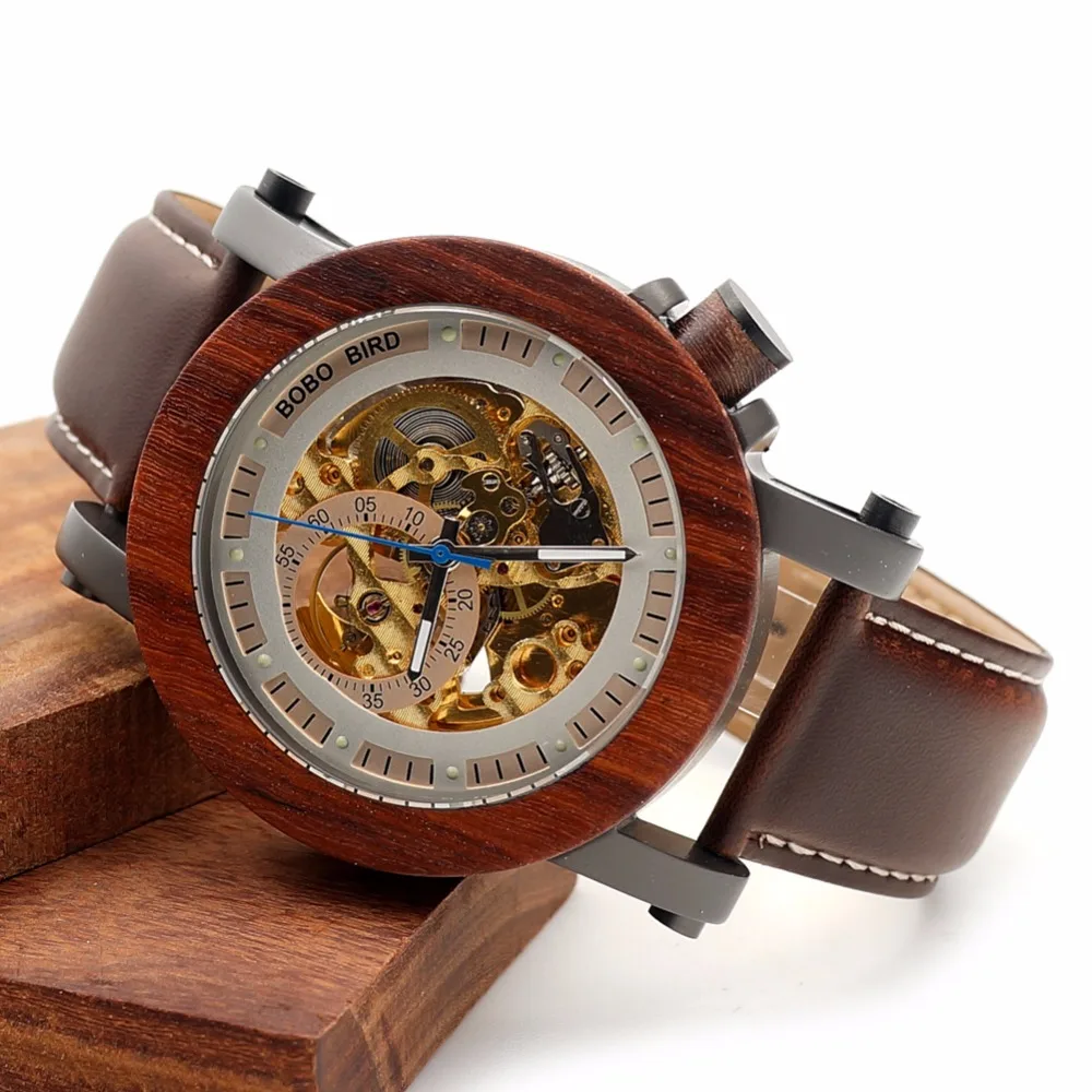 Бобо птица CfK12 механическая красный sandalwooden часы винтажные Роскошные мужские