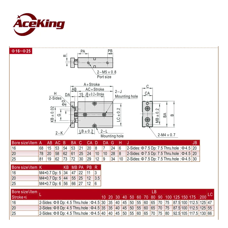 Двухосевой Цилиндр TDA/TN25 с двойным стержнем TDA * 200X250X300 S AceKing TN25X50 S|Пневматические