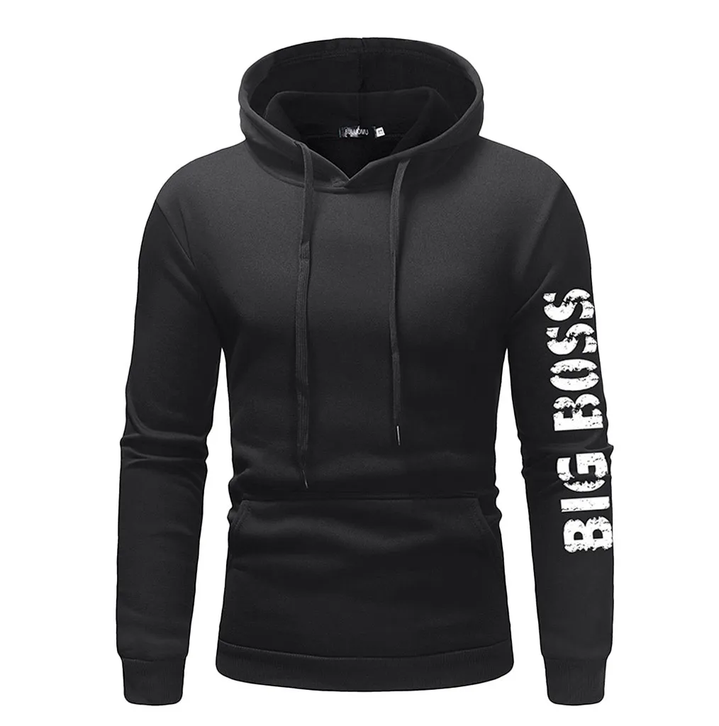 JAYCOSIN men's autumn and winter hooded fleece printing solid color zipper jersey top pants suit sports - Цвет: Черный