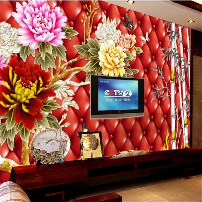 

Custom Mural 3D Chinese Style Peony Wallpapers for Walls 3D Bamboo Red Luxury Wall Covering Living Room Home Decor Theme Hotel