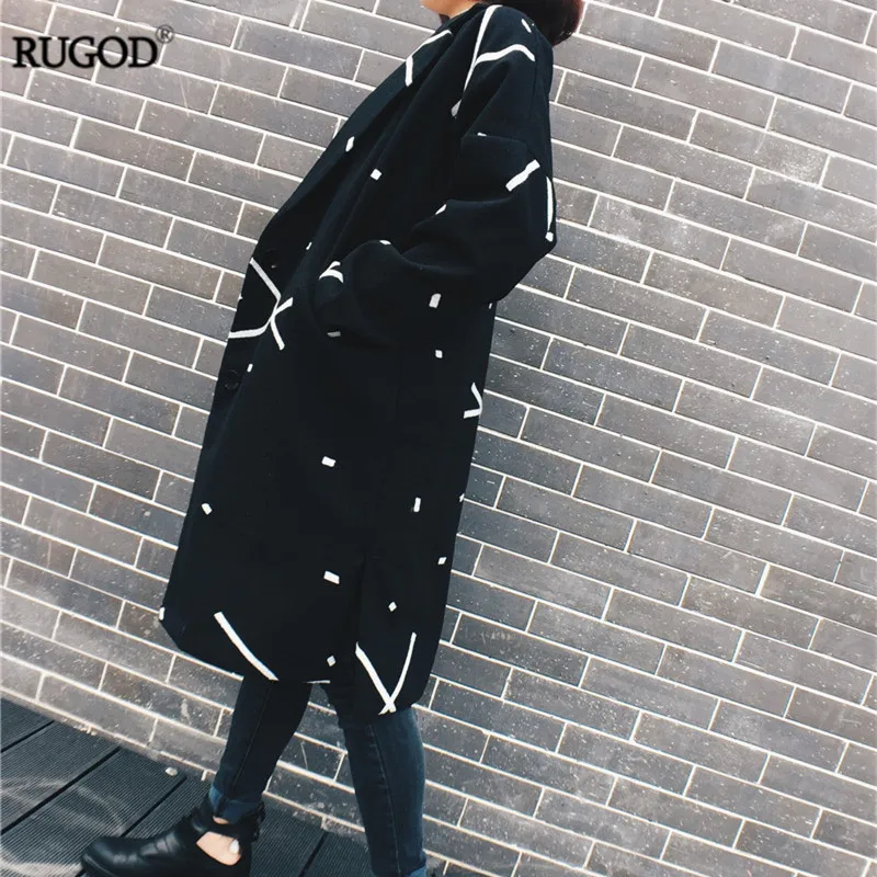 Rugod 2018 Осенне-зимнее пальто Для женщин Длинная Куртка Черный с длинными рукавами