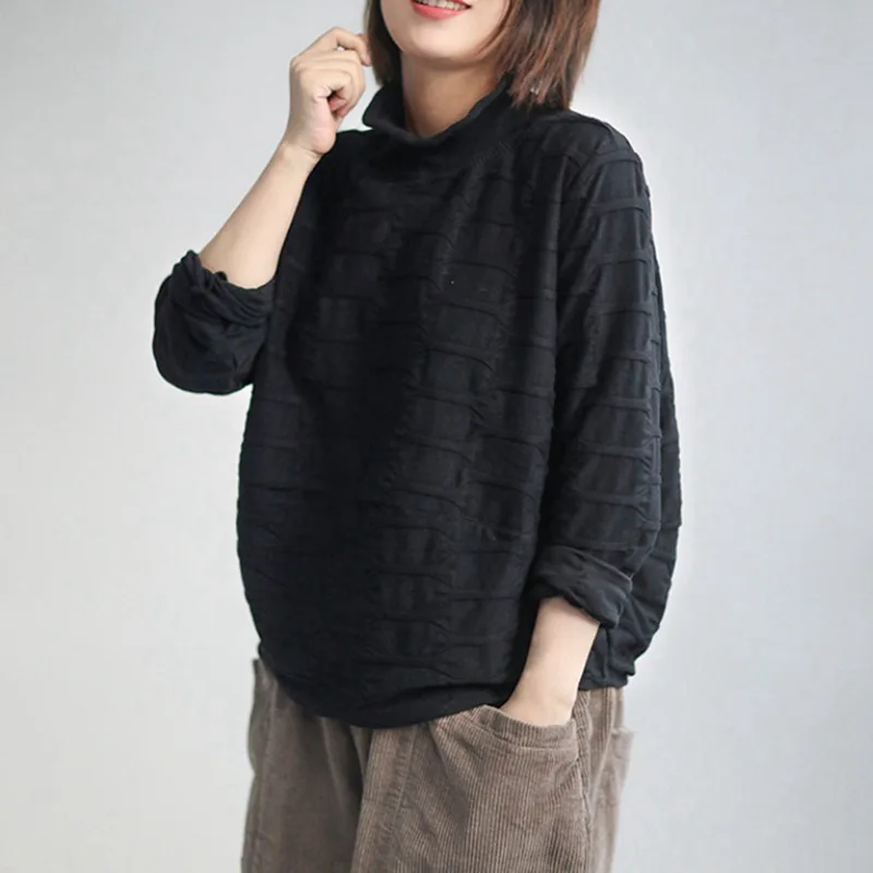Mferlier Women Blouses Turtleneck Long Sleeve Solid Black Loose Casual 2018 New Thick Slim Cotton Ladies Winter |