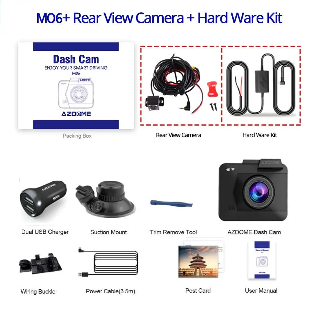 GS63H-RVC-HWK AZDOME M06 Dash Cam встроенный WiFi gps Автомобильная приборная панель камера рекордер с UHD 2160 P, 2," lcd, 170 ° Широкий угол, WDR, ночное видение - Название цвета: GS63H-RVC-HWK