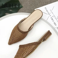 niufuni summer retro rattan woven flat womens shoes slippers casual beach shoes slip on pointed ladies sandals slides hollow