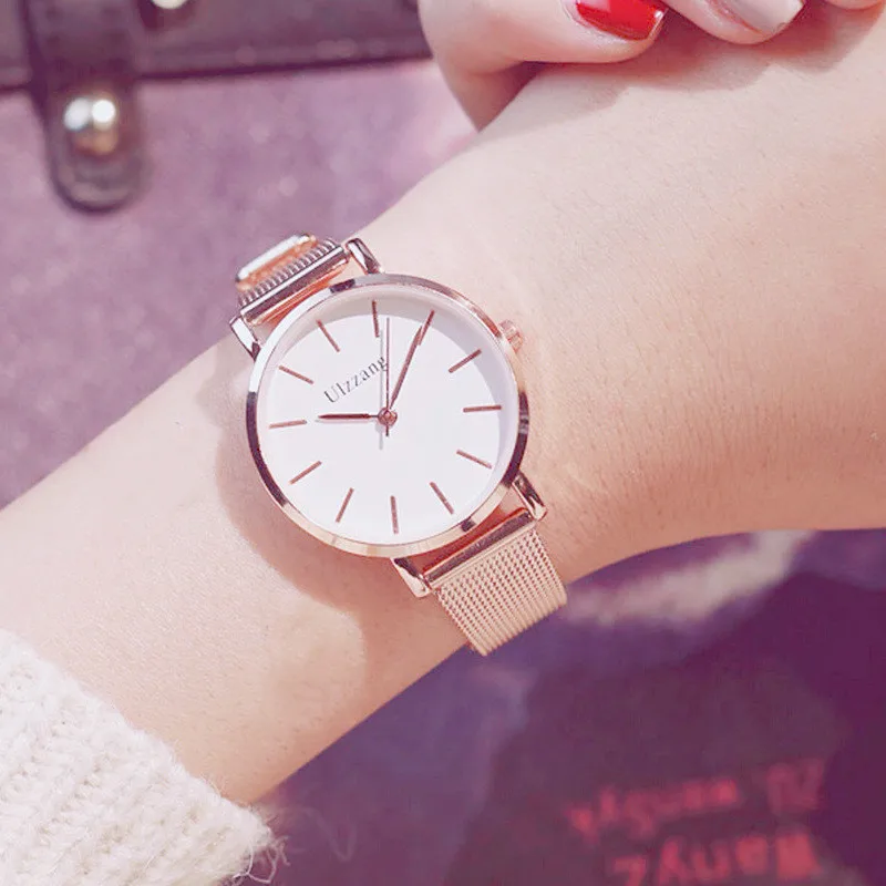 

Женские кварцевые часы Ulzzang, розовое золото 2018 пробы, с сетчатым ремешком из нержавеющей стали