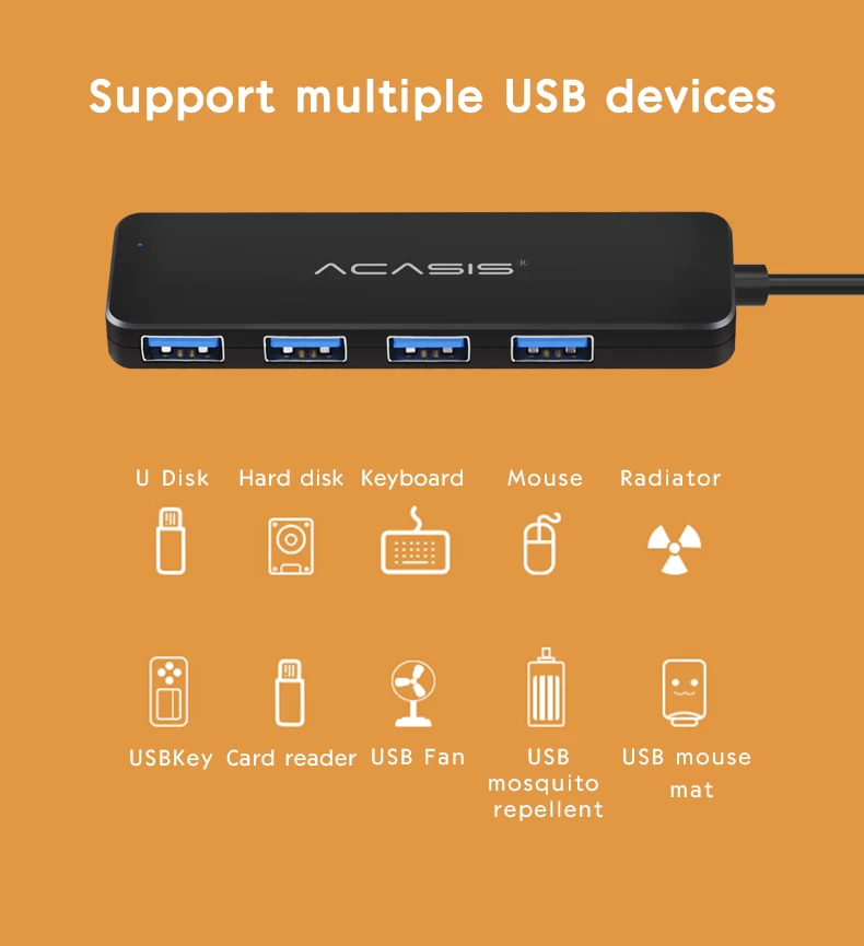 Acasis USB 2,0 3,0 Компактный портативный высокоскоростной концентратор Поддержка Multipe USB Decice концентратор для ПК ноутбука 4 порта адаптер расширения