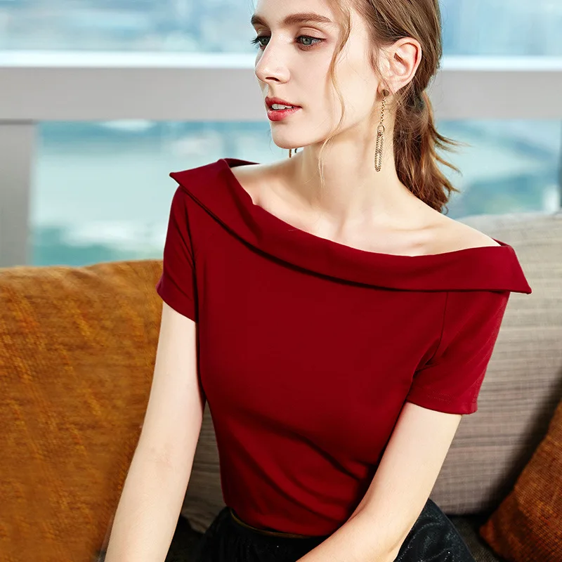 

Sexy Clavicle Word Shoulder Lapel Female Latin Dance Shirt National Standard Modern Ballroom Dance Tops Exercise Clothing PY098