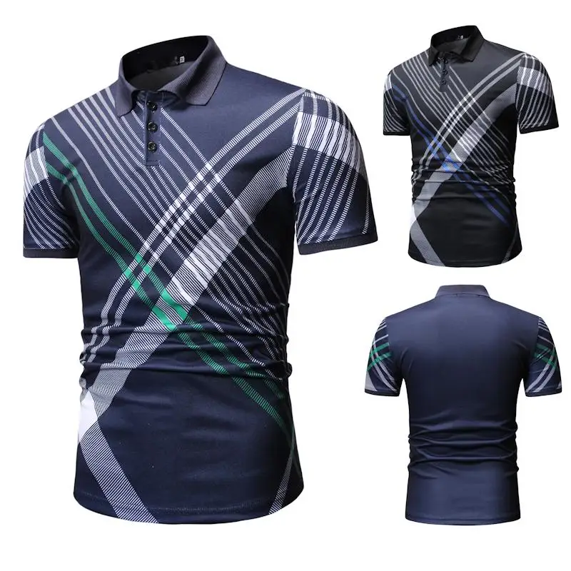 Fashion Lattice Plaid Men Polo Shirt Check Casual Tees Tops Men's Clothing Short sleeve Dark blue Black Мужская одежда