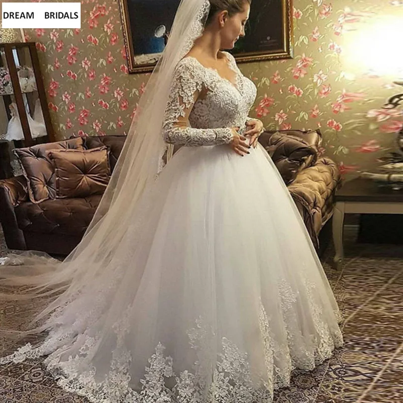 

Muslim Long Sleeves Wedding Dresses Vestido De Noiva 2019 V-Neck Beading Lace Bridal Gowns Sweep Train Trouwjurk