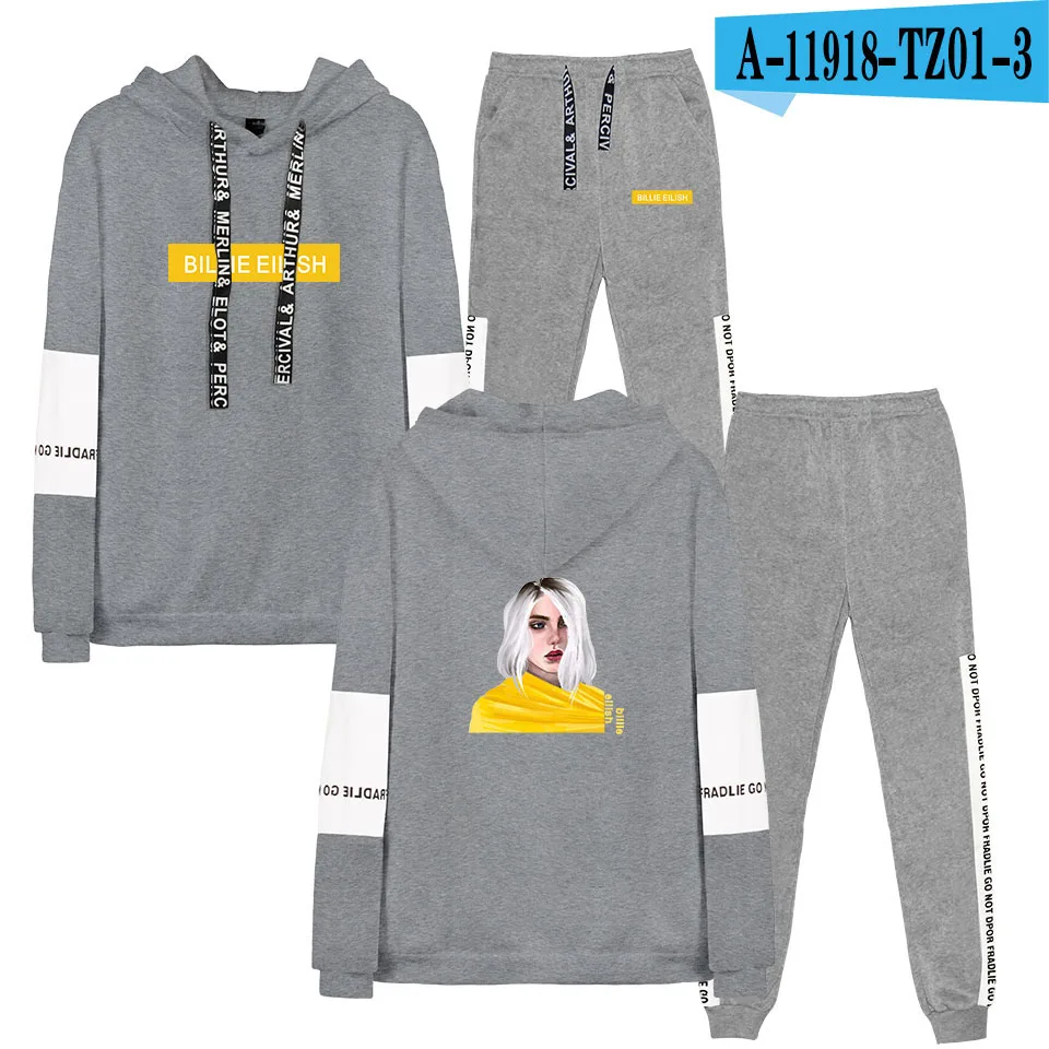 Новинка billie eilish, толстовка с капюшоном, женская модная толстовка с капюшоном, свитшоты+ спортивные штаны, костюмы, Осень-зима, теплый черный пуловер - Цвет: gray