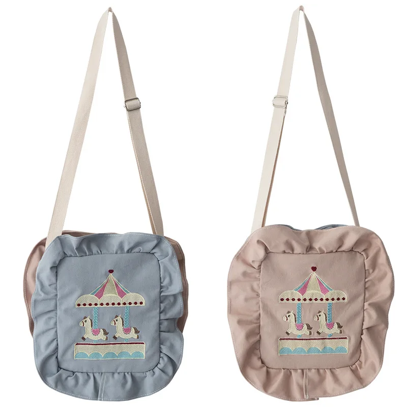 Harajuku Cartoon Embroidery Female Student Handbag 2019 New Hot Women's Color Matching Ruffled Shoulder Bag Messenger | Багаж и сумки