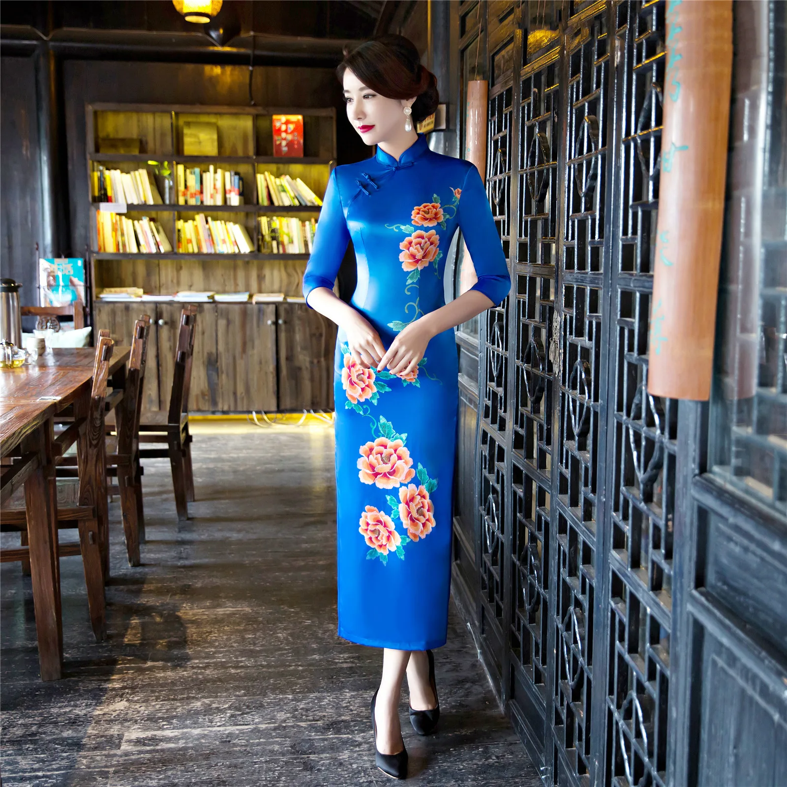 Китайский Чонсам с вышивкой шелковое длинное китайское Элегантное синее