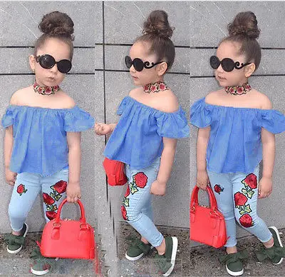 Pudcoco 2018 Toddler Kids Baby Girl Clothes Sets Off Shoulder Butterfly Sleeve Shirt Tops+Long Floral Pants Outfits 2-7Y | Мать и ребенок