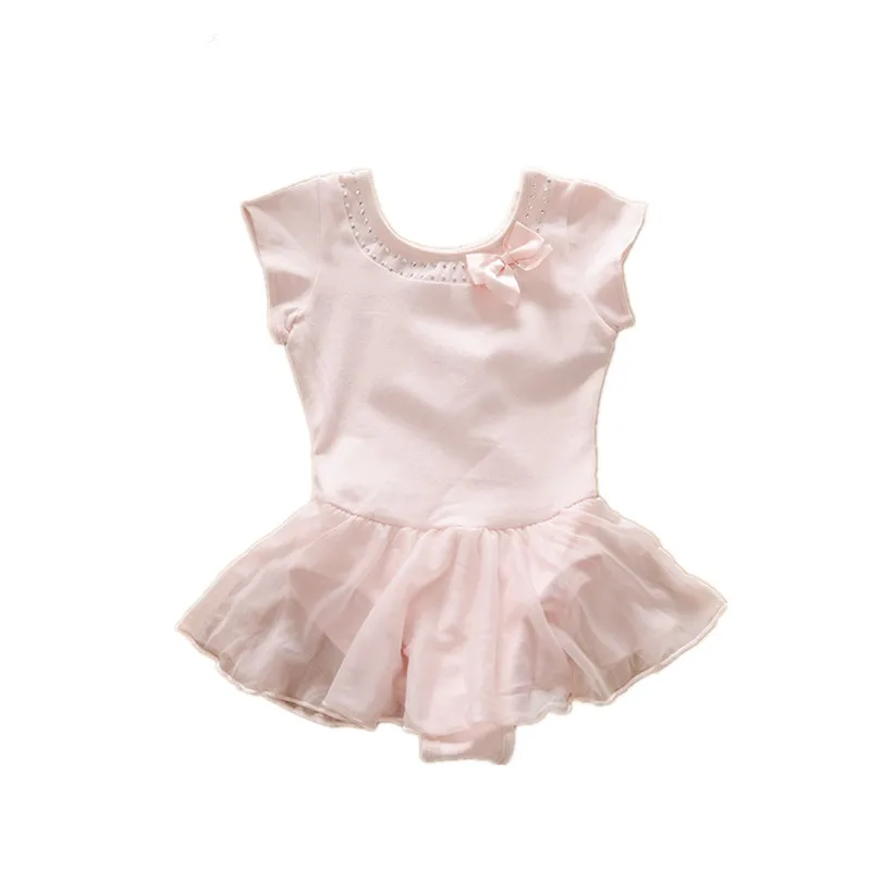 Girls ballet dress pink short sleeve leotard with chiffon skirt rhinestone and bow neckline | Тематическая одежда и