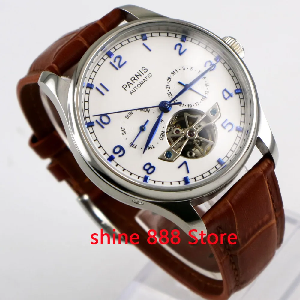 

43mm parnis white dial date brown strap ST2552 automatic movement mens watch