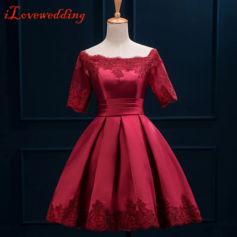 

Burgundy Prom Dresses Short Sleeve Dress Above Knee Length Satin Lace Appliqued Boat Neckline Women Party Prom Gowns