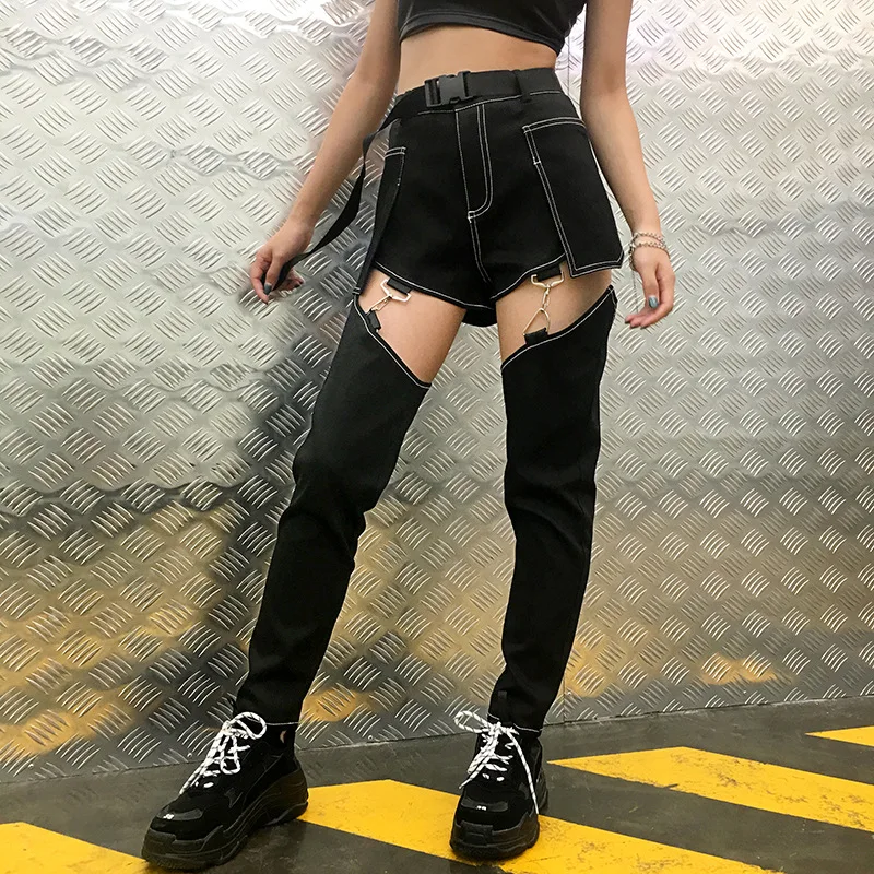 2019autumn and winter new European American hip-hop women's casual trousers high-waisted hollowed-out pencil pants small le | Женская