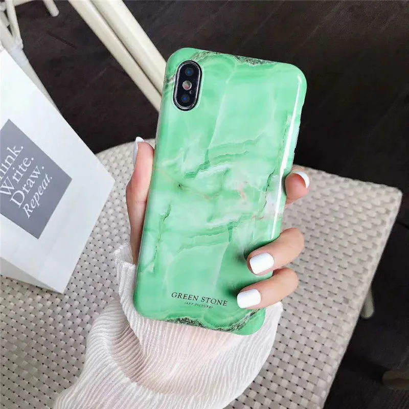 Глянцевый IMD Чехлы Fundas для iPhone X 6s Plus 8 7 текстура гранит зеленый коралловый мрамор