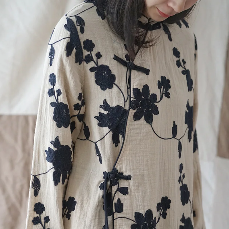 Женское платье с вышивкой в китайском стиле со стоячими пуговицами новинка весны