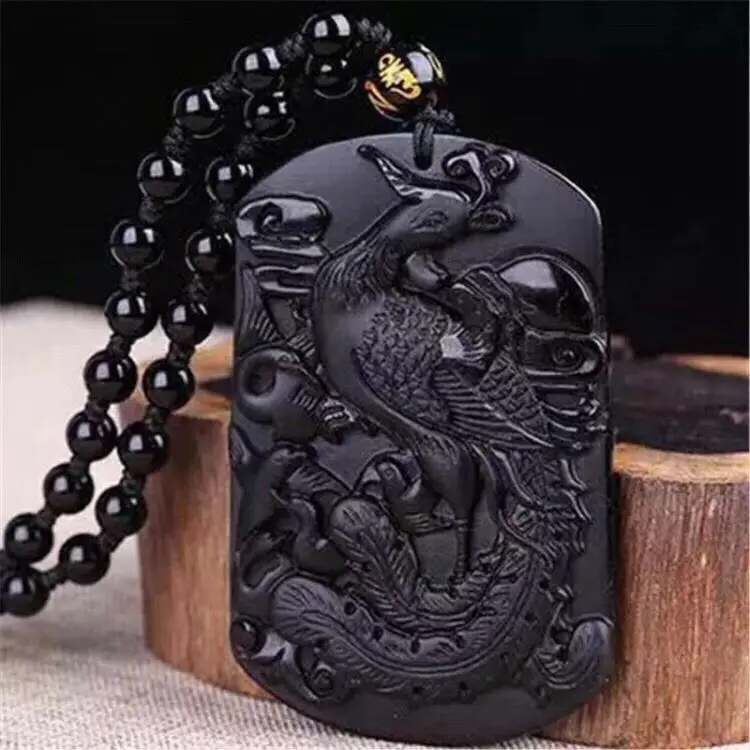 Koraba Ювелирные украшения Природные обсидиана Феникс кулон Цепочки и ожерелья